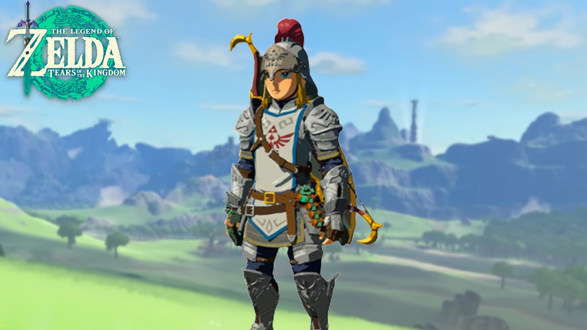 Link in Soldier's Armor on Hyrule background from TOTK