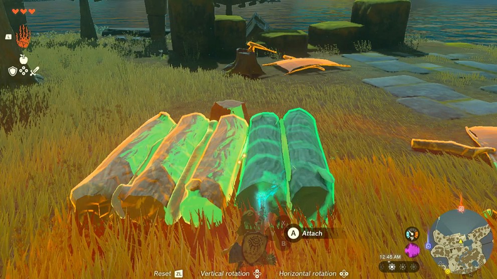 Zelda TOTK attaching five logs to make a raft.