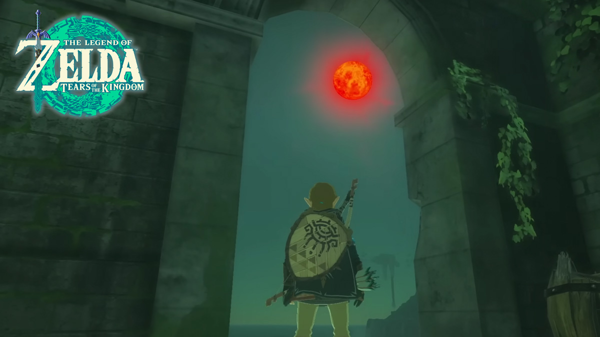 Link looking up at a red moon in Zelda: Tears of the Kingdom
