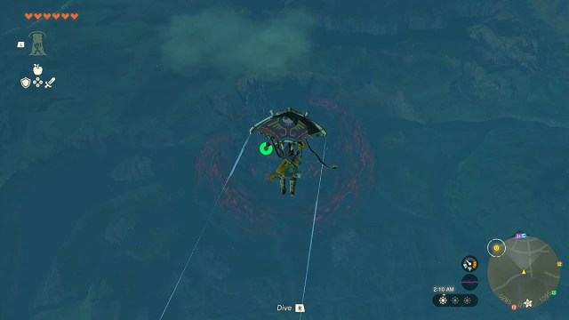 Zelda TOTK Link flying toward Hyrule Castle. 