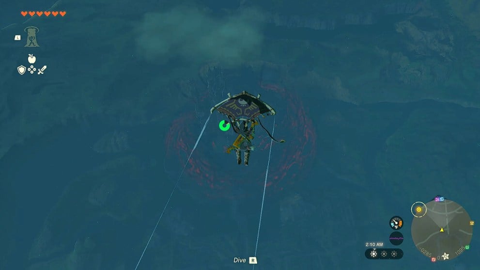 Zelda TOTK Link flying toward Hyrule Castle. 