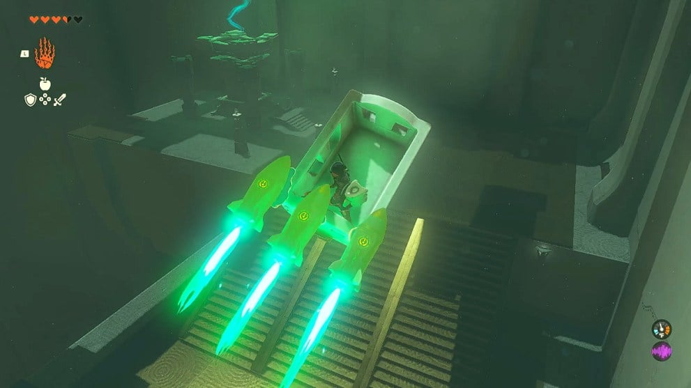 Link rides a rocket cart in the Oromuwak shrine in Zelda TOTK.