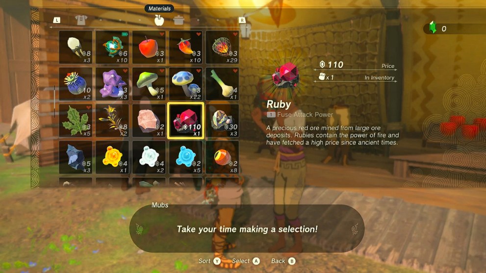 Selling items in Zelda TOTK.