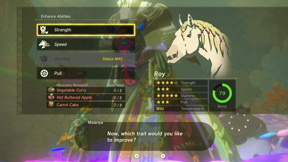 Upgrading a horse in Zelda TOTK.