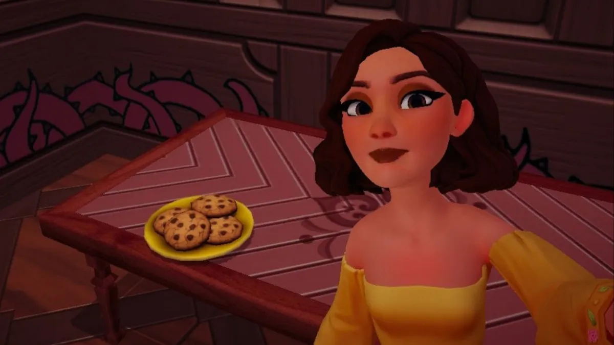 Selfie with chocolate chip cookies in Disney Dreamlight Valley.