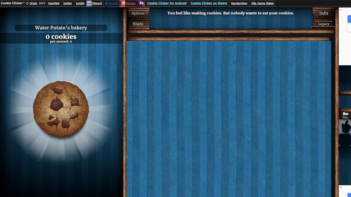 Het belangrijkste gameplayscherm in Cookie Clicker