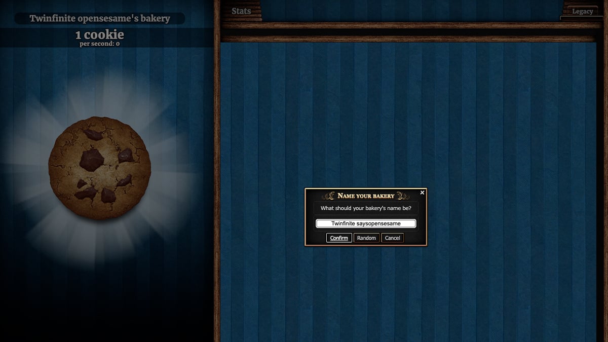 The Name Your Bakery screen in Cookie Clicker.