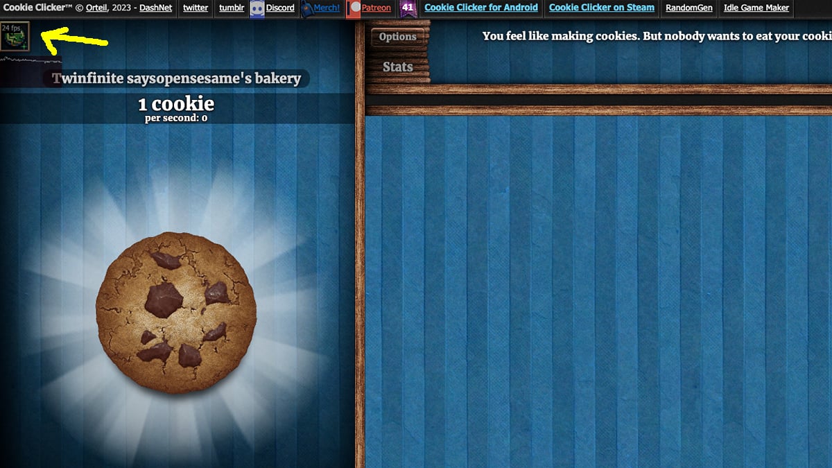 A caixa de ícone de desenvolvimento no Cookie Clicker.