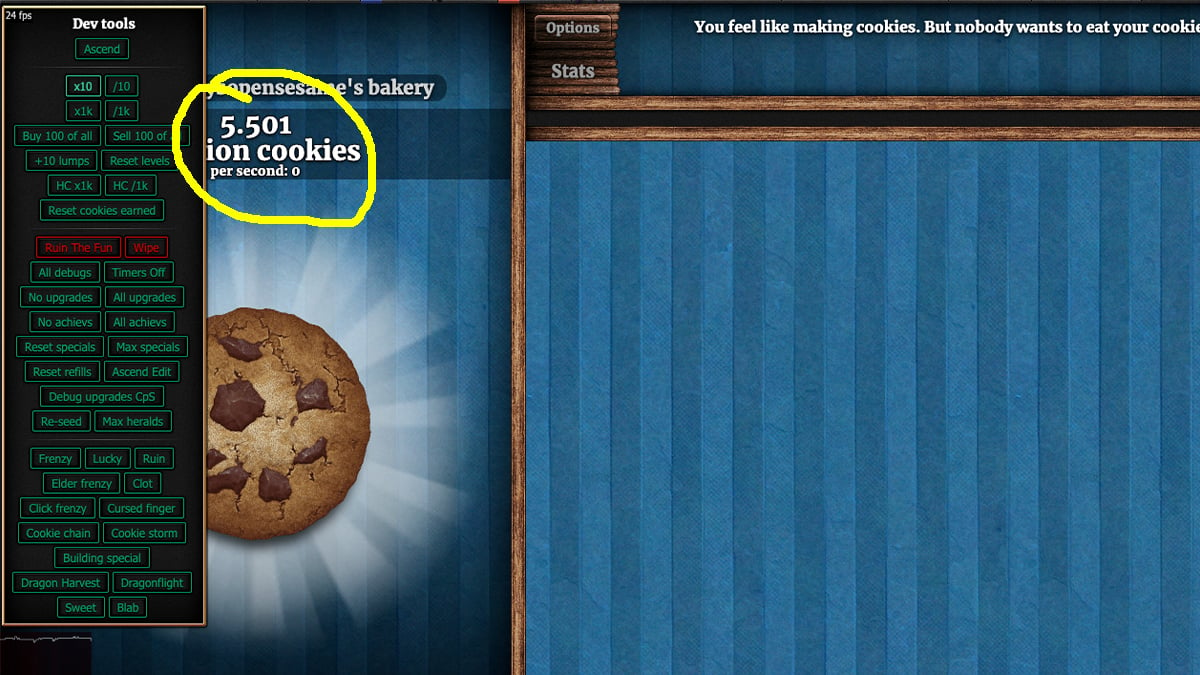 A tela de ferramentas de desenvolvimento no Cookie Clicker