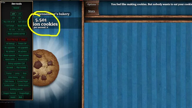 The dev tools screen in Cookie Clicker