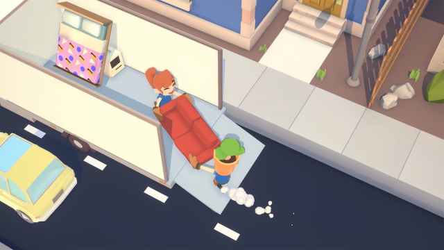 Two characters holding a sofa in Moving Out
