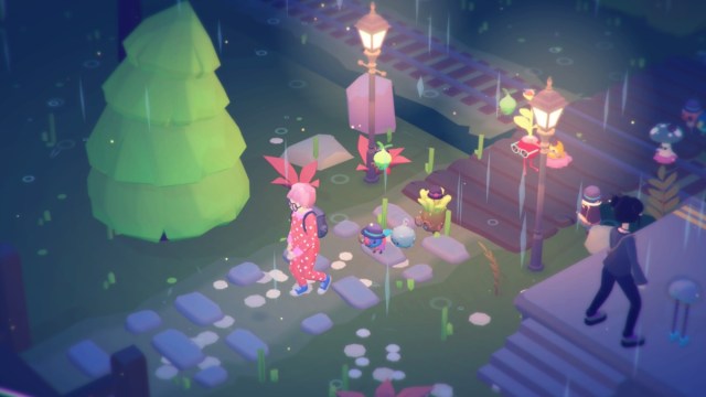 A Character walking with a trail of Ooblets behind them on a rainy day.