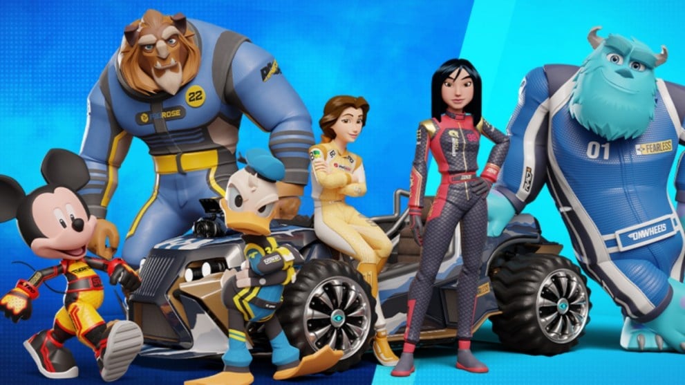 Mickey Mouse, the Beast, Donald Duck, Belle, Mulan and Sully in Disney Speedstorm.