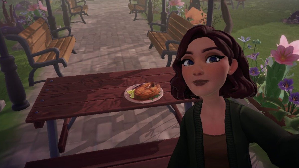 selfie with the sweet and sour kingfish steak in disney dreamlight valley