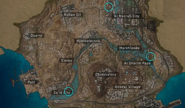 Al Mazrah Map with Police Stations Circled