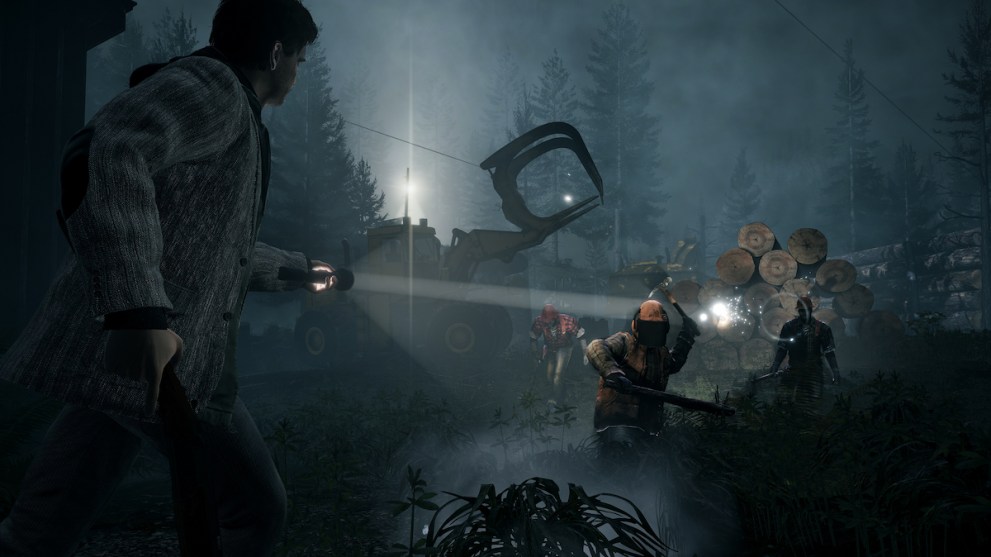 Alan Wake, protagonist of game series of the same name, shines flashlight beam on humanoid figures possessed by the Darkness.  Interacting in a lumber yard, the three Dark figures approach Alan while one raises an axe to throw at him.