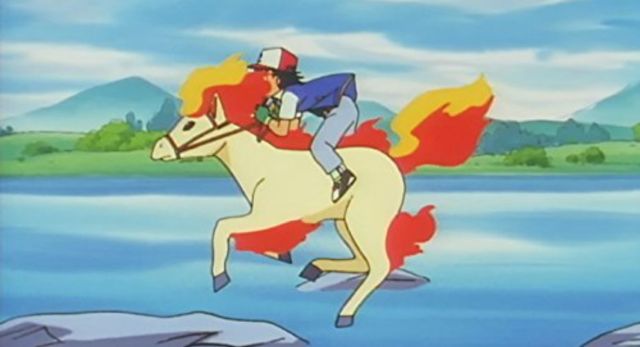 Ash riding Ponyta in the Pokemon anime