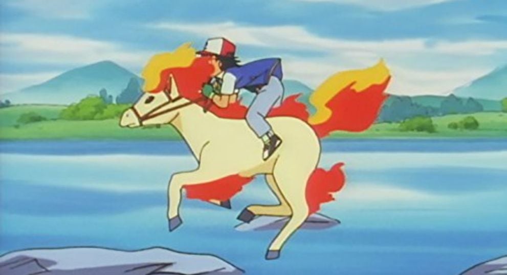 Ash riding Ponyta in the Pokemon anime