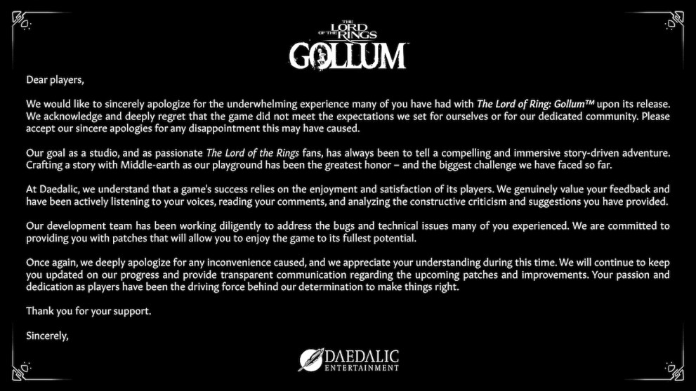the Lord of the rings gollum Daedalic Entertainment Twitter post apology statement