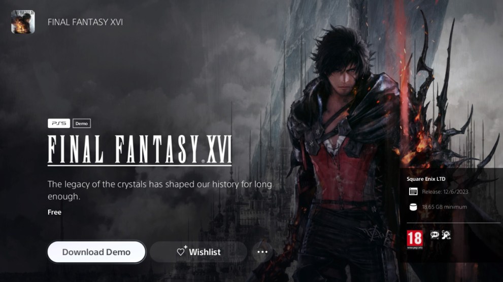 Final Fantasy XVI Demo Download Screen in PlayStation Store