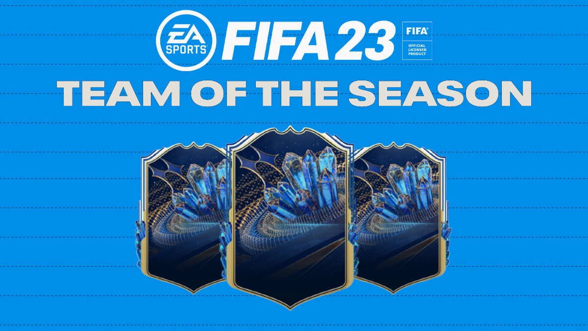FIFA 23 logo with TOTS text and cards on blue background