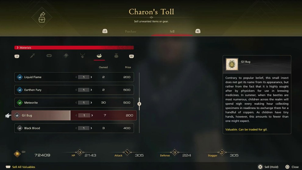 Selling Gil Bug in FF16.