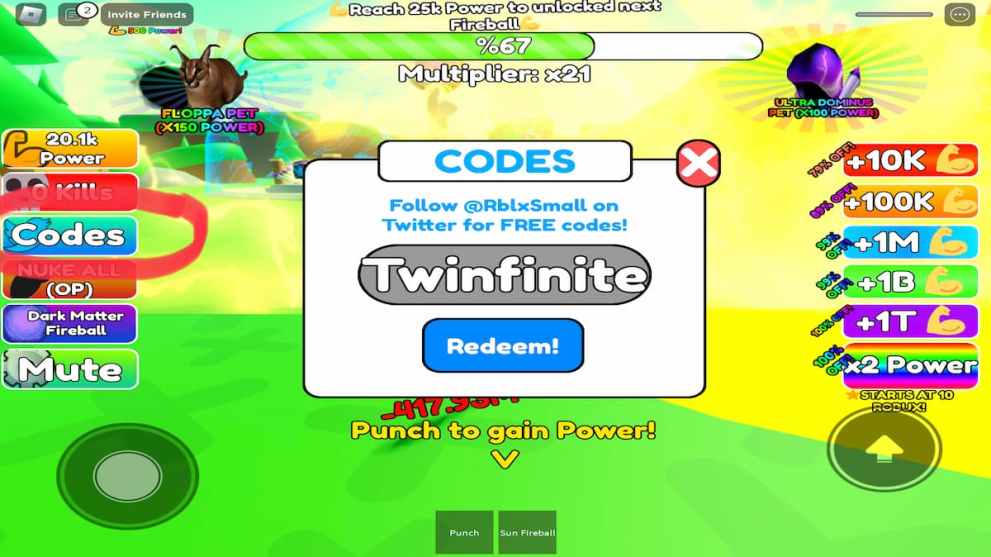 Roblox, Fireball Punching Simulator codes