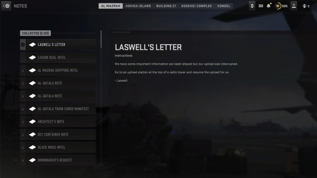 Laswell's Letter in Warzone DMZ Notes Menu