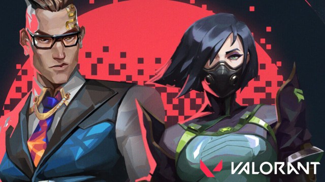 Valorant Agents on Red and Blue background with logo in the bottom right