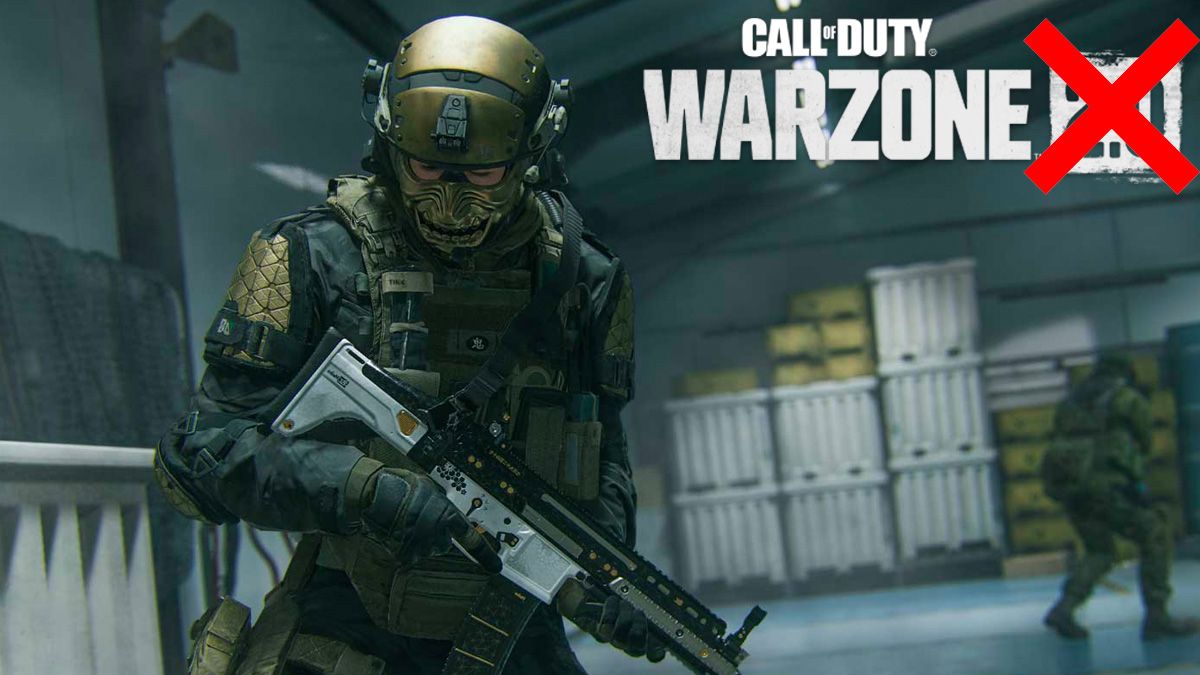 Warzone 2 character with weapon, next to Warzone 2.0 logo with 2.0 crossed out