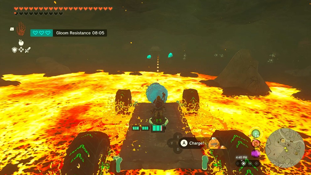 Link crosses a pool of lava in Zelda TOTK.