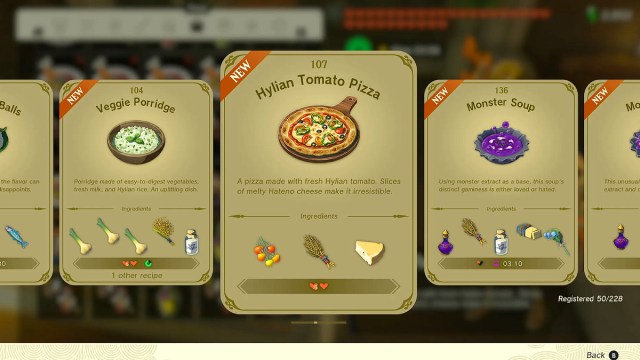 Hylian Tomato Pizza recipe in Zelda TOTK.