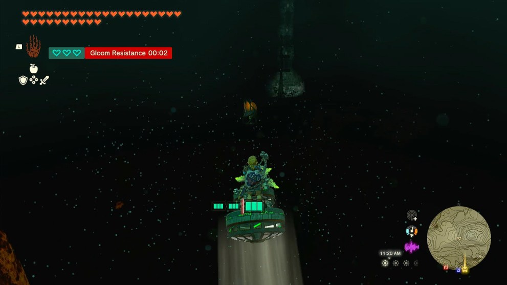Link rides a Hover Bike in the Depths in Zelda TOTK.
