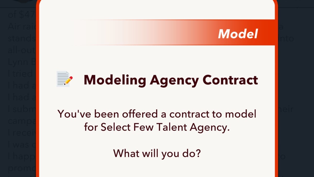 The BitLife modeling contract screen.