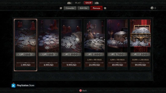 Platinum prices in Diablo 4