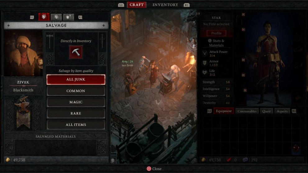 Salaving gear at the blacksmith in Diablo 4.