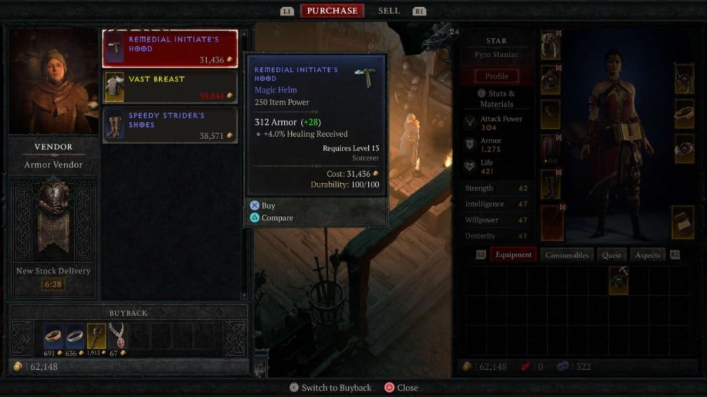 Selling gear in Diablo 4