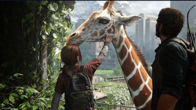 Joel and Ellie meet a giraffe in The Last of Us