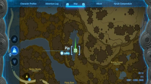 Zelda Tears of the Kingdom how to place a surface pin near Floria River