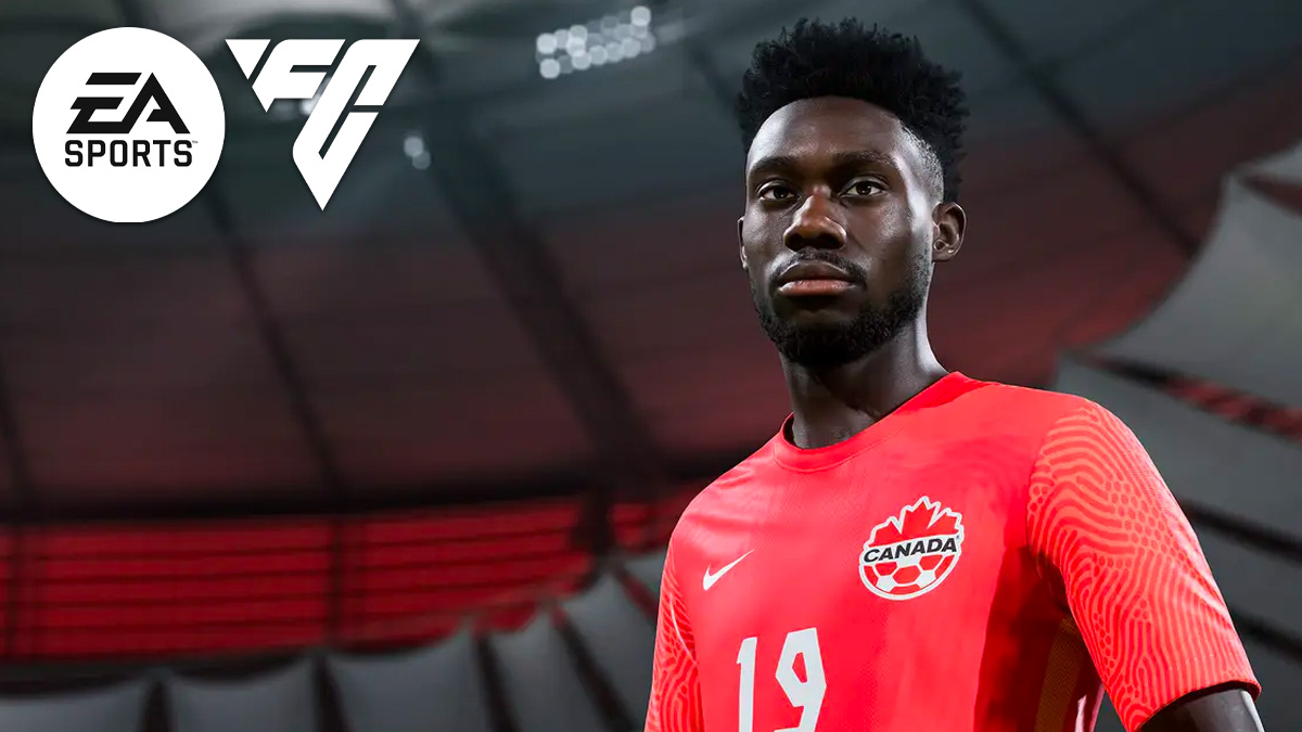 Alphonso Davies in FIFA 23 with EAFC logo