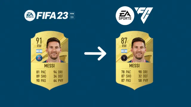 Lionel Messi FIFA 23 Card next to EAFC Concept Card