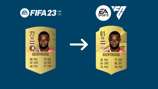 Lutsharel Geertruida FIFA 23 Card next to EAFC Concept Card