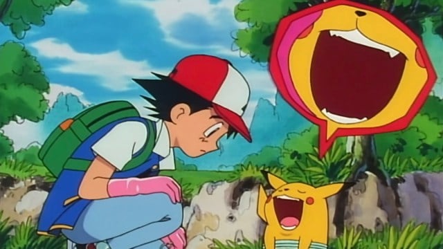 Pikachu shows off its teeth to Ash in Pokemon anime