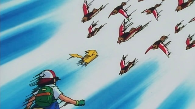 Pikachu defending Ash from twack of Spearows in Pokemon anime