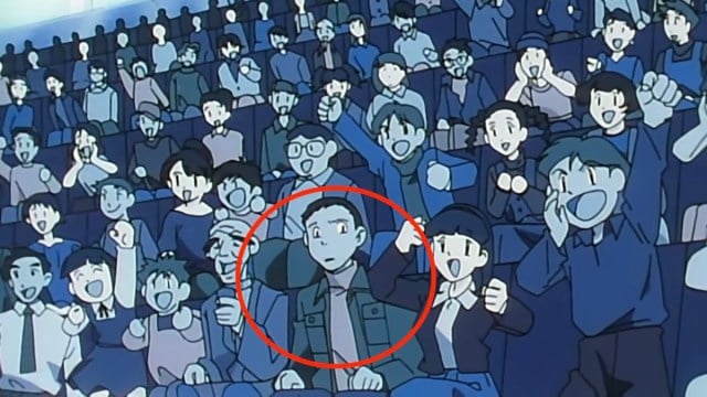 Crowd shot in Pokemon anime, with suspicious gentleman circled for emphasis