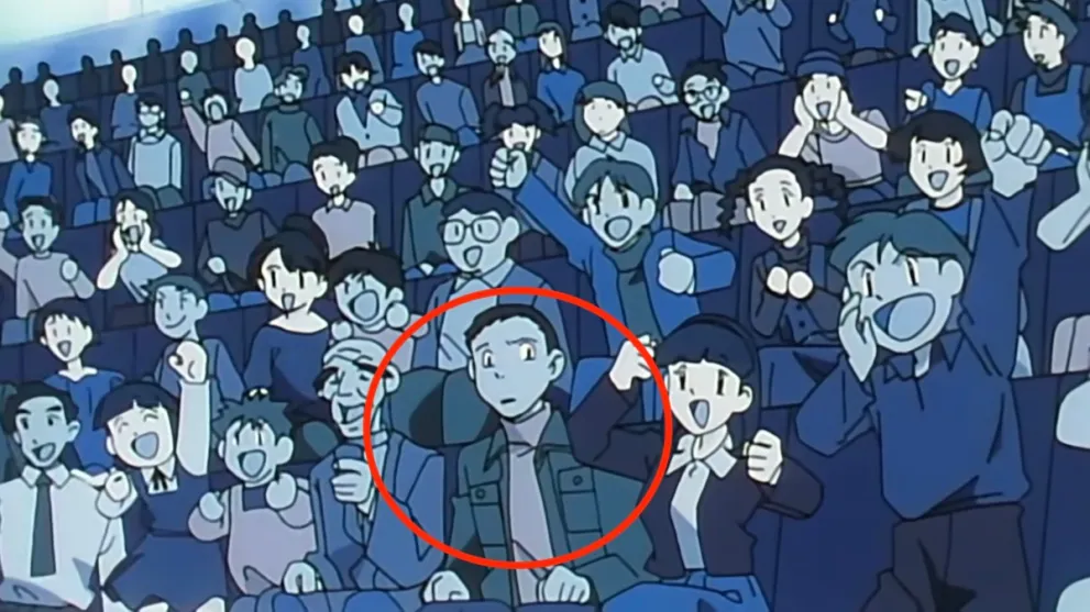 Crowd shot in Pokemon anime, with suspicious gentleman circled for emphasis