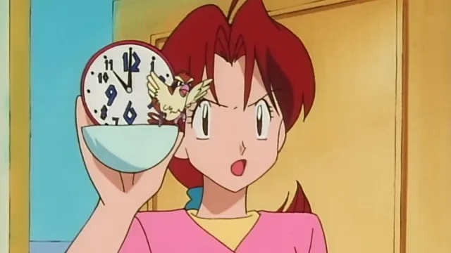 Delia Ketchum holds a fragile alarm clock in Pokemon anime