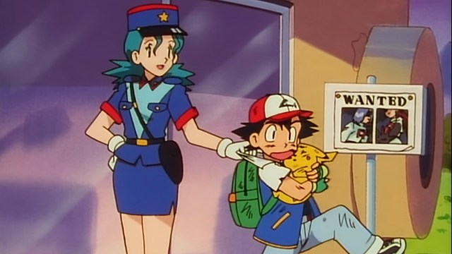 Officer Jenny apprehends Ash in the Pokemon anime