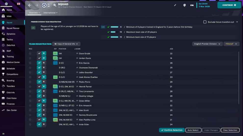 Register Players Football Manager Squad Requirements