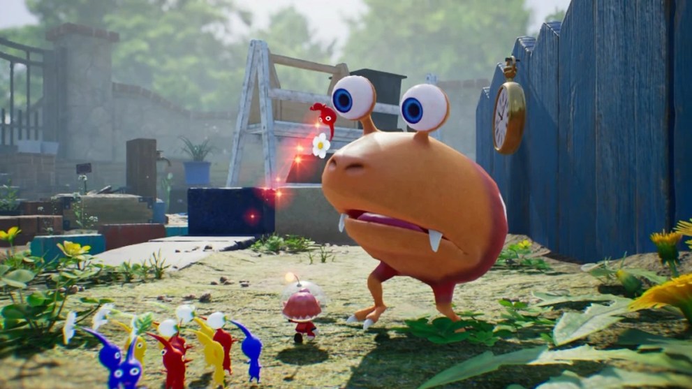 An astronaut and creature from the Pikmin series of video games stand in a garden area, at the scale of a small creature.   The astronaut throws a small, red humanoid pikmin creature on top of a wary looking larger creature - a Bulborb.